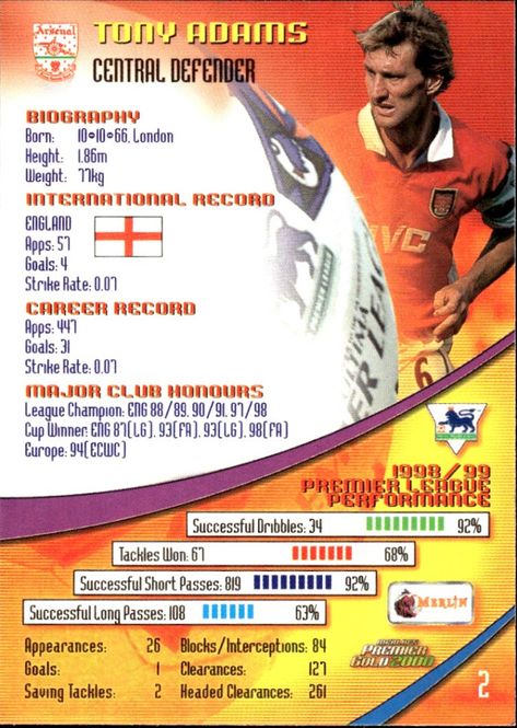 Hovedbilde TONY ADAMS 1999-00 Merlin Premier Gold Soccer ...