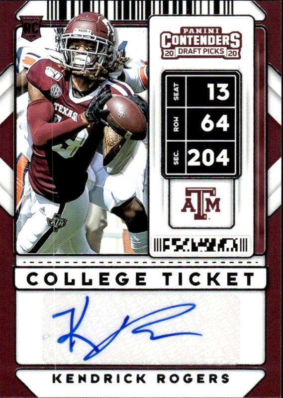 2020 Contenders Draft Picks College Bowl Ticket 96/99 Kendrick Rogers Auto