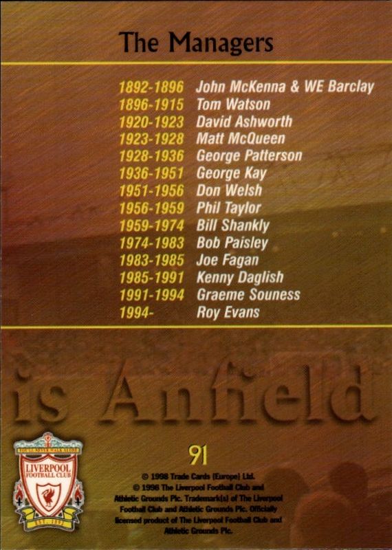 Futera 1998 3 Card Subset THIS IS ANFIELD Liverpool FC
