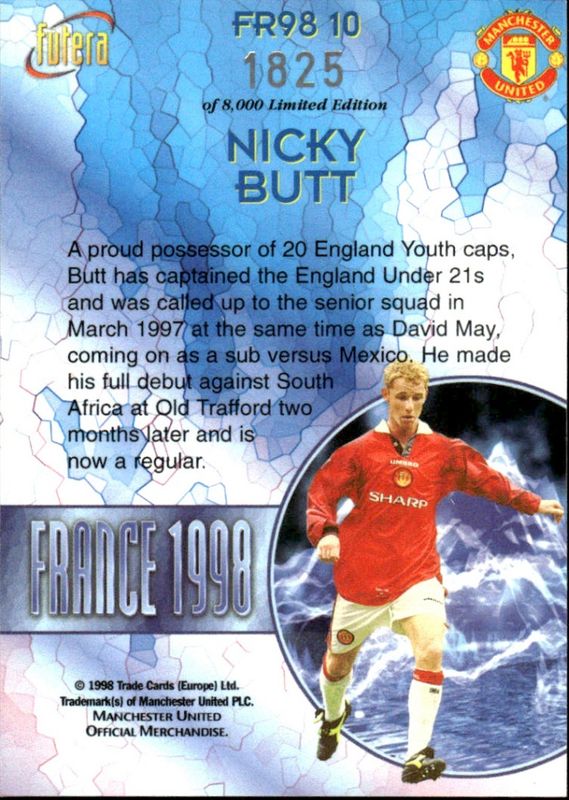 NICKY BUTT 1998 Futera Soccer Card Insert MANCHESTER UTD #1825/8000