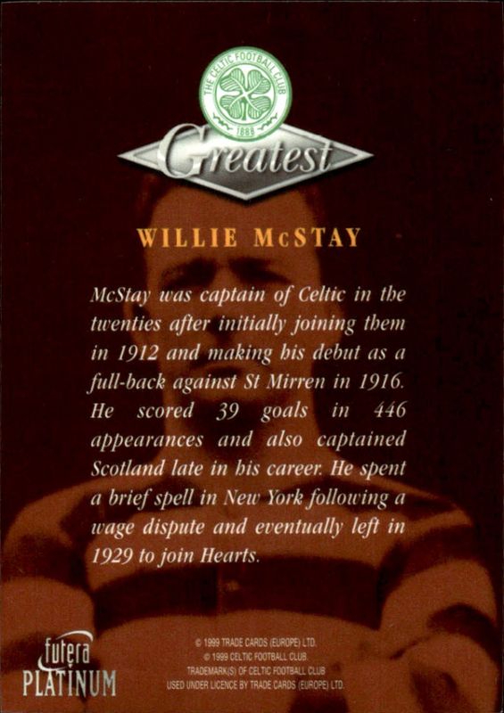 1999 Futera Platinum Celtic Greatest WILLIE MCSTAY 22 CARAT GOLD GILDED EDGES