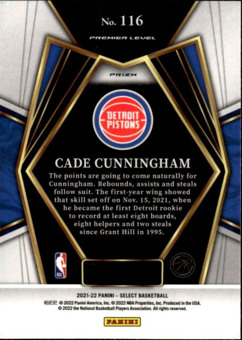 Main Image CADE CUNNINGHAM 2021-2022 Panini Select #116 RC ...