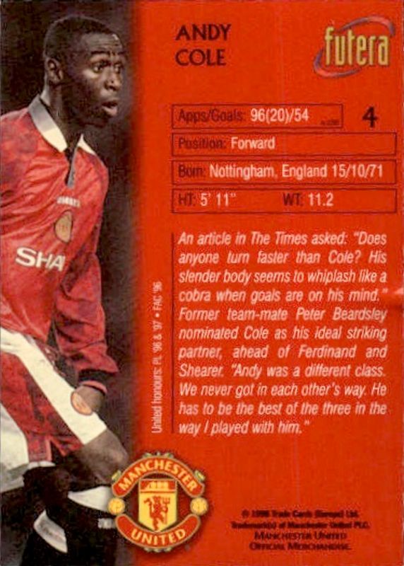 1998 Futera Manchester United Chrome Foil Andy Cole #4 /500 players edition