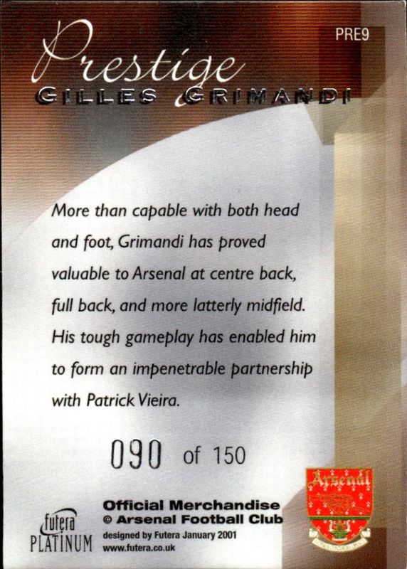 2001 Futera Platinum Arsenal Prestige #90/150 Gilles Grimandi #PRE9 